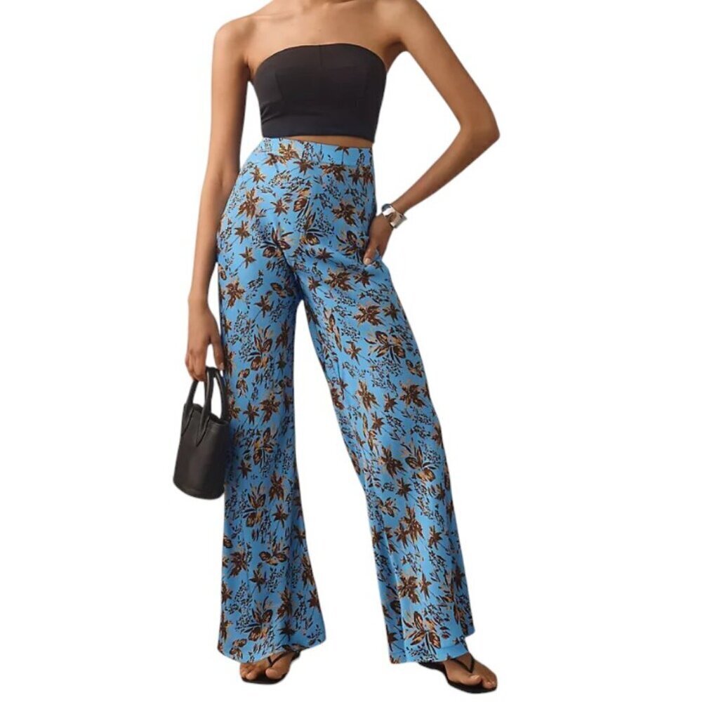 Anthropologie KIVARI Paola Textured Pants Size 6 Blue Wide Leg High Rise NWT